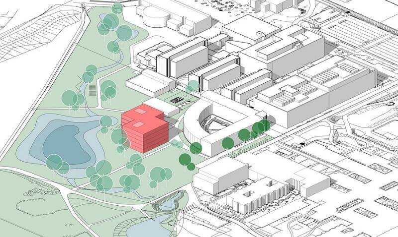 Die grobe Planungsskizze zeigt die mögliche Lage des geplanten Forschungsgebäudes „Lübeck Environment for Minds and Machines in Interaction” (LEMMI), eingezeichnet in rot, neben bestehenden Gebäuden der Universität zu Lübeck und des Universitätsklinikums.